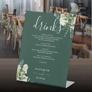 Emerald Floral Greenery Wedding Drinks Menu Pedestal Sign