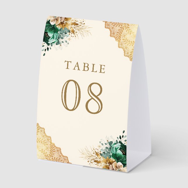 Emerald Floral Lace Cream Wedding Table Number (Front)