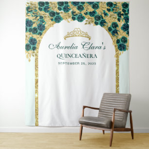 Emerald Floral Princess Gold Arch Quinceanera Tapestry
