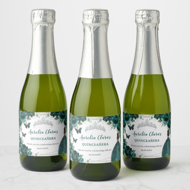 Emerald Floral Princess Quinceañera Birthday Favou Sparkling Wine Label (Bottles)