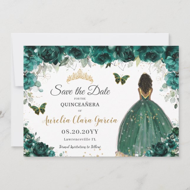 Emerald Floral Princess Quinceañera Save the Date (Front)
