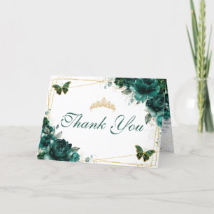 Emerald Floral Quinceañera Birthday Butterflies Thank You Card