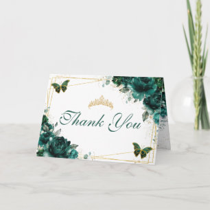 Emerald Floral Quinceañera Birthday Butterflies Thank You Card