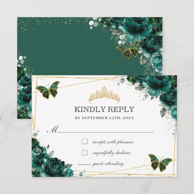 Emerald Floral Quinceañera Butterflies Reply  RSVP Card (Front/Back)