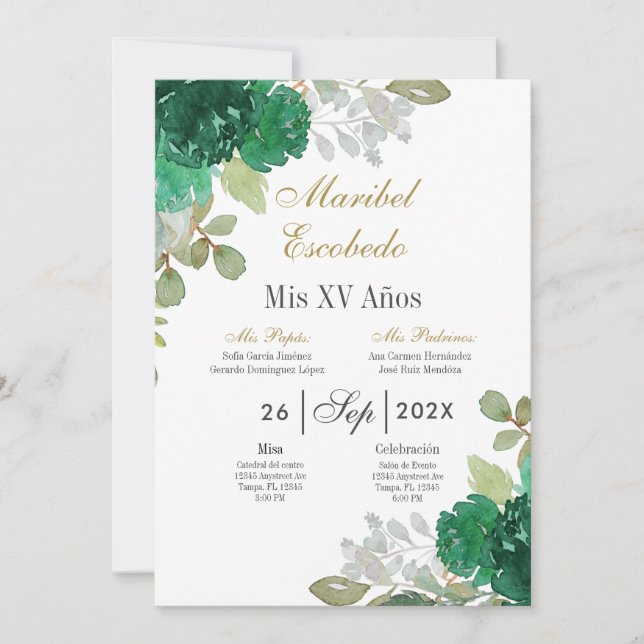 Emerald floral Quinceanera invitation (Front)