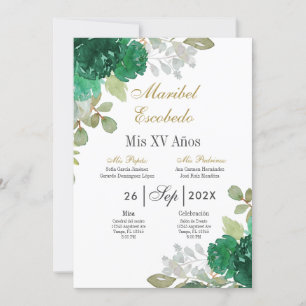 Emerald floral Quinceanera invitation