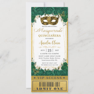 Emerald Floral Quinceañera Masquerade VIP Ticket Invitation