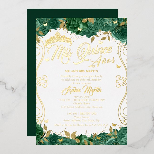 Emerald Floral Scroll Mis Quince Quinceanera  (Front/Back)