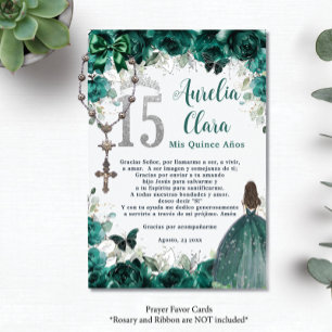 Emerald Floral Silver Quinceañera 15 Prayer Card