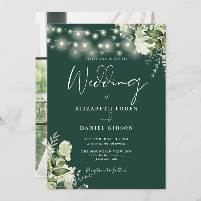 Emerald Floral String Lights Photo Wedding Invitation (Front/Back)