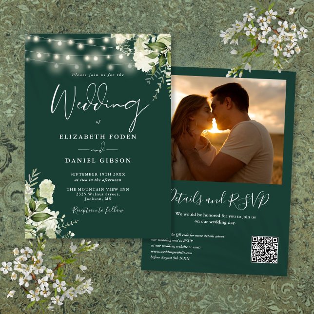 Emerald Floral String Lights QR Code Photo Wedding Invitation (Emerald Floral String Lights QR Code Photo Wedding Invitation)
