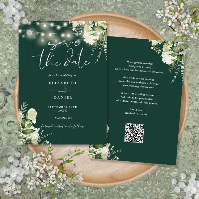 Emerald Floral String Lights QR Code Wedding Save The Date (Emerald Floral String Lights QR Code Wedding Save The Date)