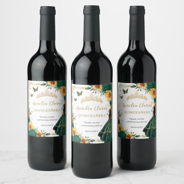 Emerald Floral Sunflowers Princess Quinceañera Wine Label (Bottles)