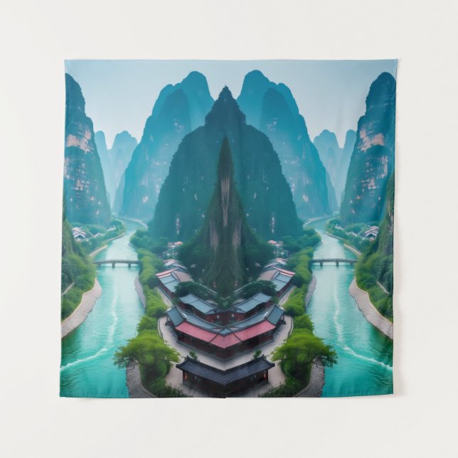 Emerald Flow: Scenic Mountain River Wall Tapestry (Front)