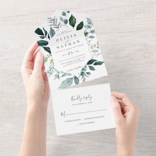 Emerald Foliage Greenery Leaves Wedding All In One Invitation (Tearaway)