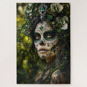 Emerald Forest Calavera – Green Botanical Jigsaw Puzzle