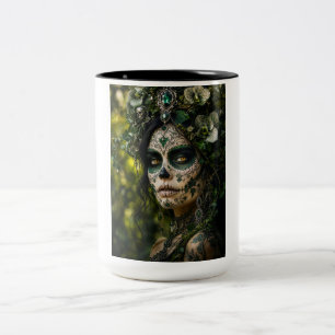 Emerald Forest Calavera – Green Botanical Two-Tone Coffee Mug