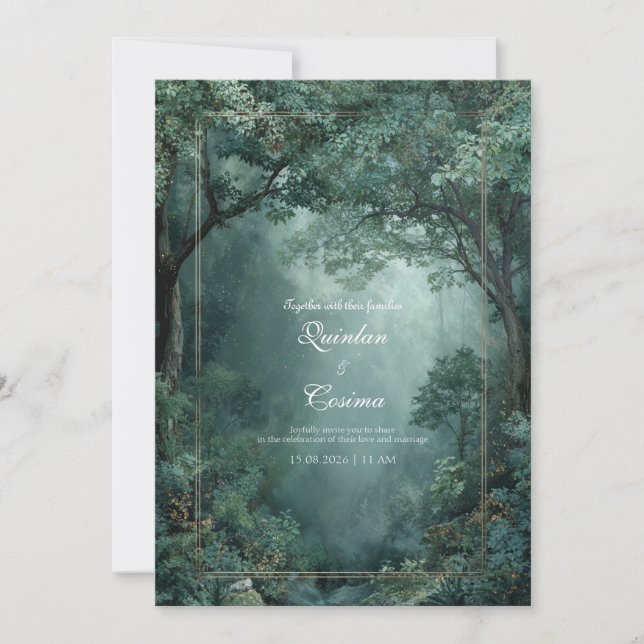 Emerald Forest Gold Frame Misty Woodland Invitation (Front)