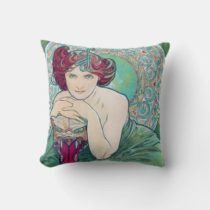 Emerald (Four Jewels), Alphonse Mucha Cushion