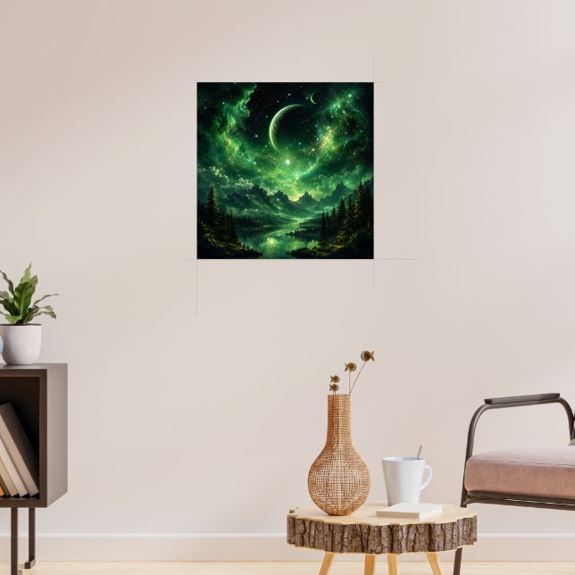 Emerald Galaxy Night Sky Over Mountain Forest Poster (Living Room 3)