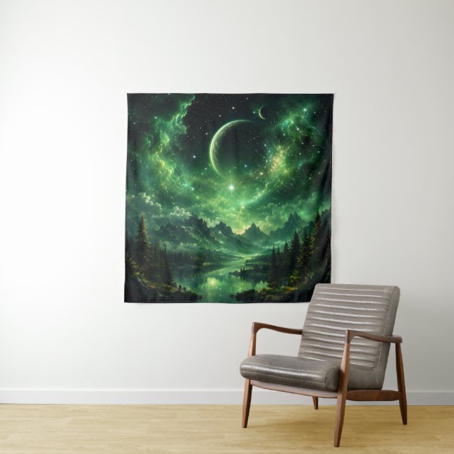 Emerald Galaxy Night Sky Over Mountain Forest Tapestry (In Situ)
