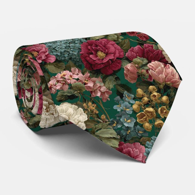 Emerald Garden Vintage Floral Wedding Tie (Rolled)