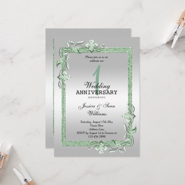 Emerald Gem & Glitter & Silver 1st Wedding Invitat Invitation (Front/Back In Situ)