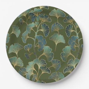 Emerald Ginkgo Elegance – Luxury Gold Botanical Paper Plate