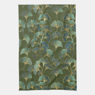 Emerald Ginkgo Elegance – Luxury Gold Botanical Tea Towel