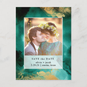 Emerald Glamour   Watercolor Photo Save The Date Announcement Postcard