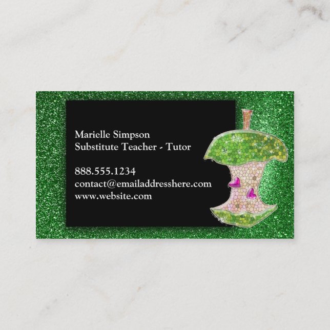 Emerald Glitter Apple Substitute Teacher Tutor Business Card (Back)