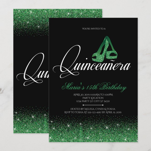 Emerald Glitter, Quinceanera Invitations (Front/Back)