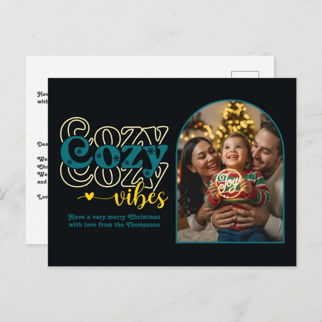 Emerald Glow Cosy Vibes Retro Christmas Photo Holiday Postcard (Front/Back)