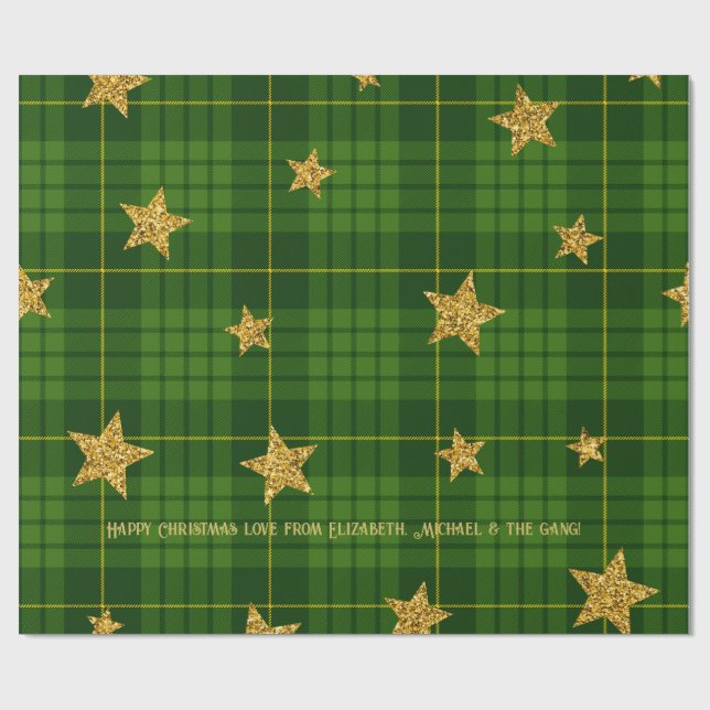 Emerald Glow Tartan Gold Star Personalised Xmas Wrapping Paper (Flat)
