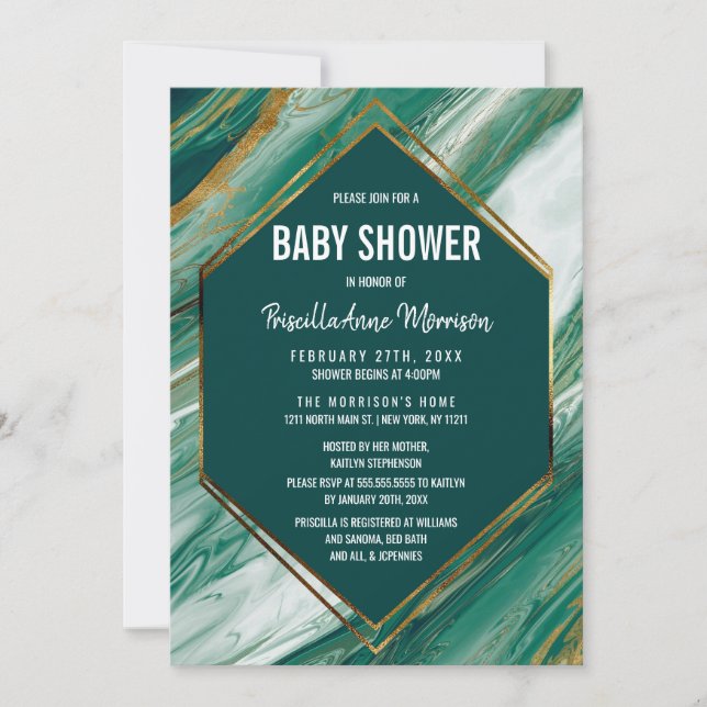 Emerald Gold Abstract Agate Marble Baby Shower Invitation (Front)