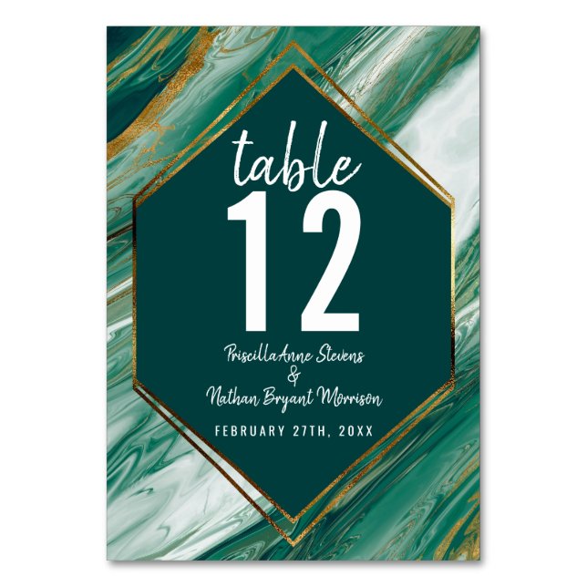 Emerald Gold Abstract Agate Marble Table Number (Front)