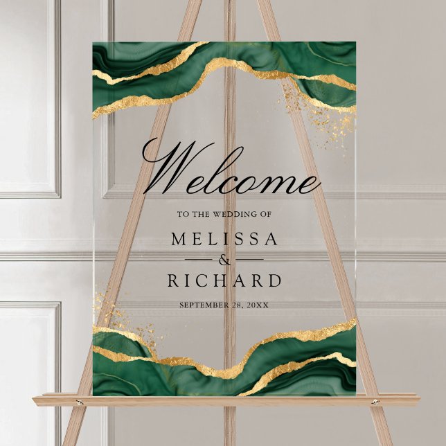 Emerald Gold Abstract Ink Wedding Welcome Acrylic Sign (Creator Uploaded)