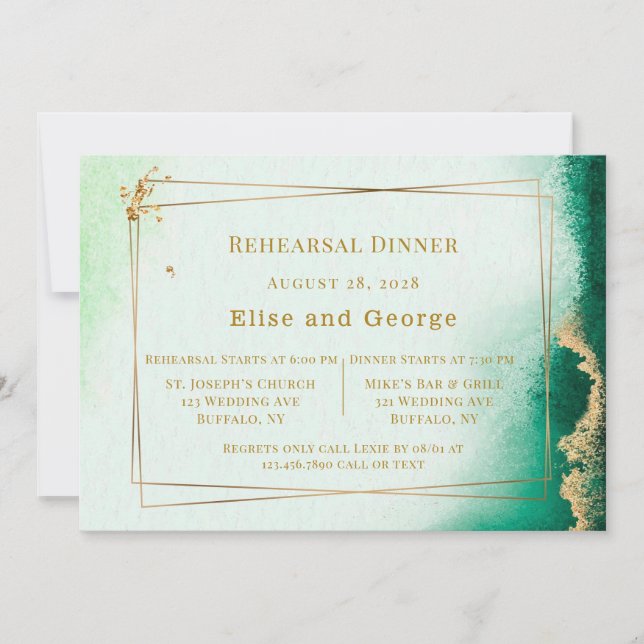 Emerald Gold Agate Geometric Rehearsal Dinner Invitation (Front)
