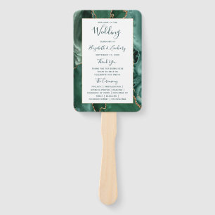 Emerald Gold Agate Green Script Wedding Program Hand Fan