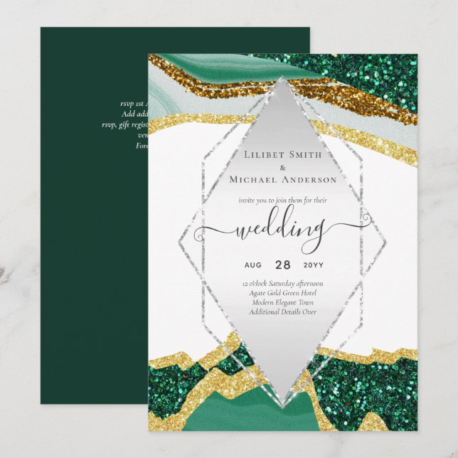 Emerald Gold AGATE - Modern Wedding Invitation (Front/Back)