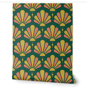 Emerald, Gold and Coral Art Deco Teardrop Fan Wallpaper