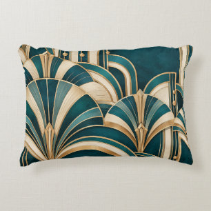 Emerald & Gold Art Deco Fans Decorative Cushion