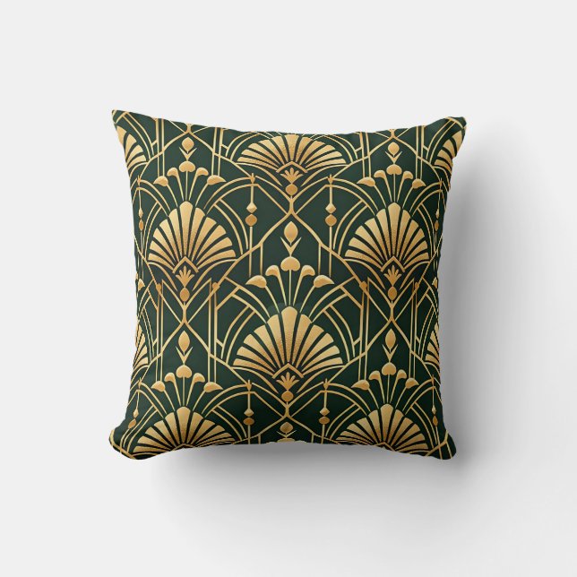 Emerald Gold Art Deco Pattern Cushion (Front)