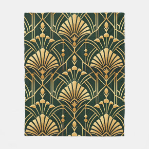 Emerald Gold Art Deco Pattern Fleece Blanket