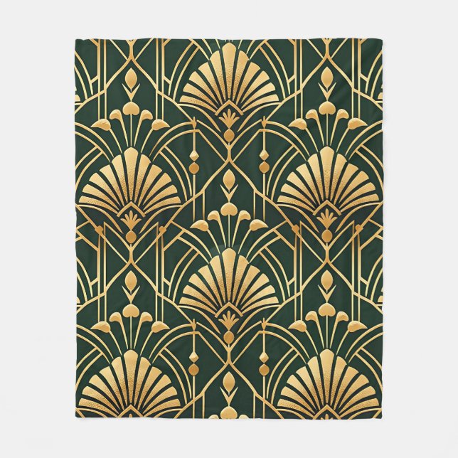 Emerald Gold Art Deco Pattern Fleece Blanket (Front)
