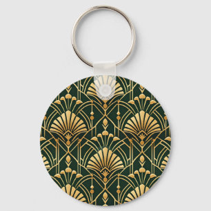Emerald Gold Art Deco Pattern Key Ring