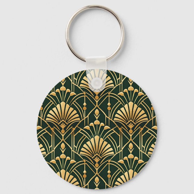 Emerald Gold Art Deco Pattern Key Ring (Front)