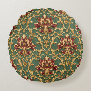 Emerald Gold Baroque Damask Round Cushion