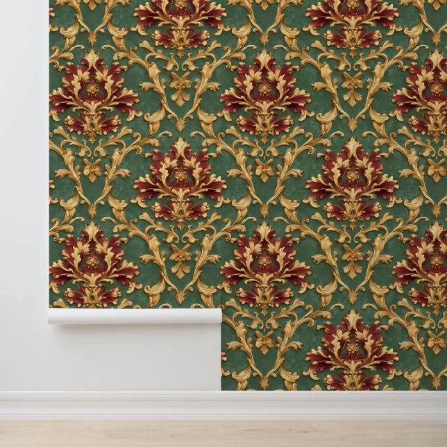 Emerald Gold Baroque Damask Wallpaper (Application)