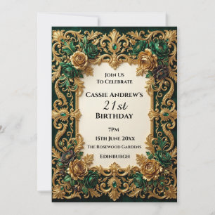 Emerald Gold Baroque Ornate Birthday Invitation